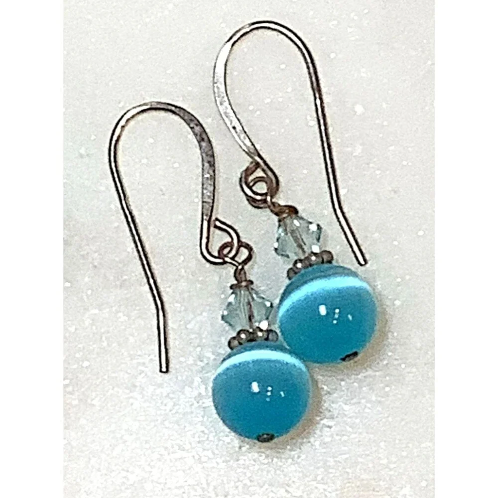 Glass Bead Earrings Blue Hand Blown Glass and Crystal Beaded Dangle Drop 2 Pairs